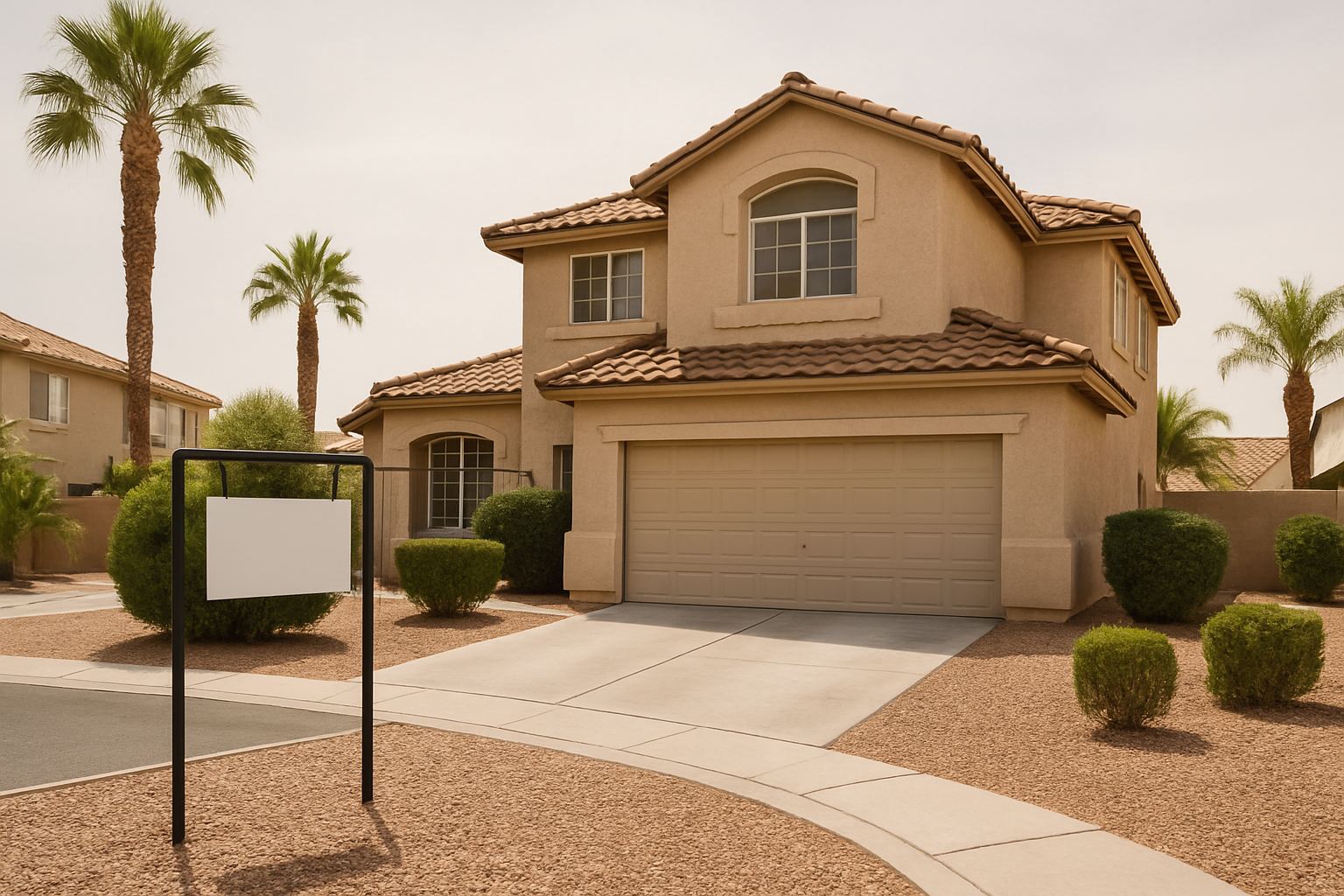 Two-story stucco home on a Las Vegas cul-de-sac at midday with a yard-sign frame and blank rider in the gravel front yard
